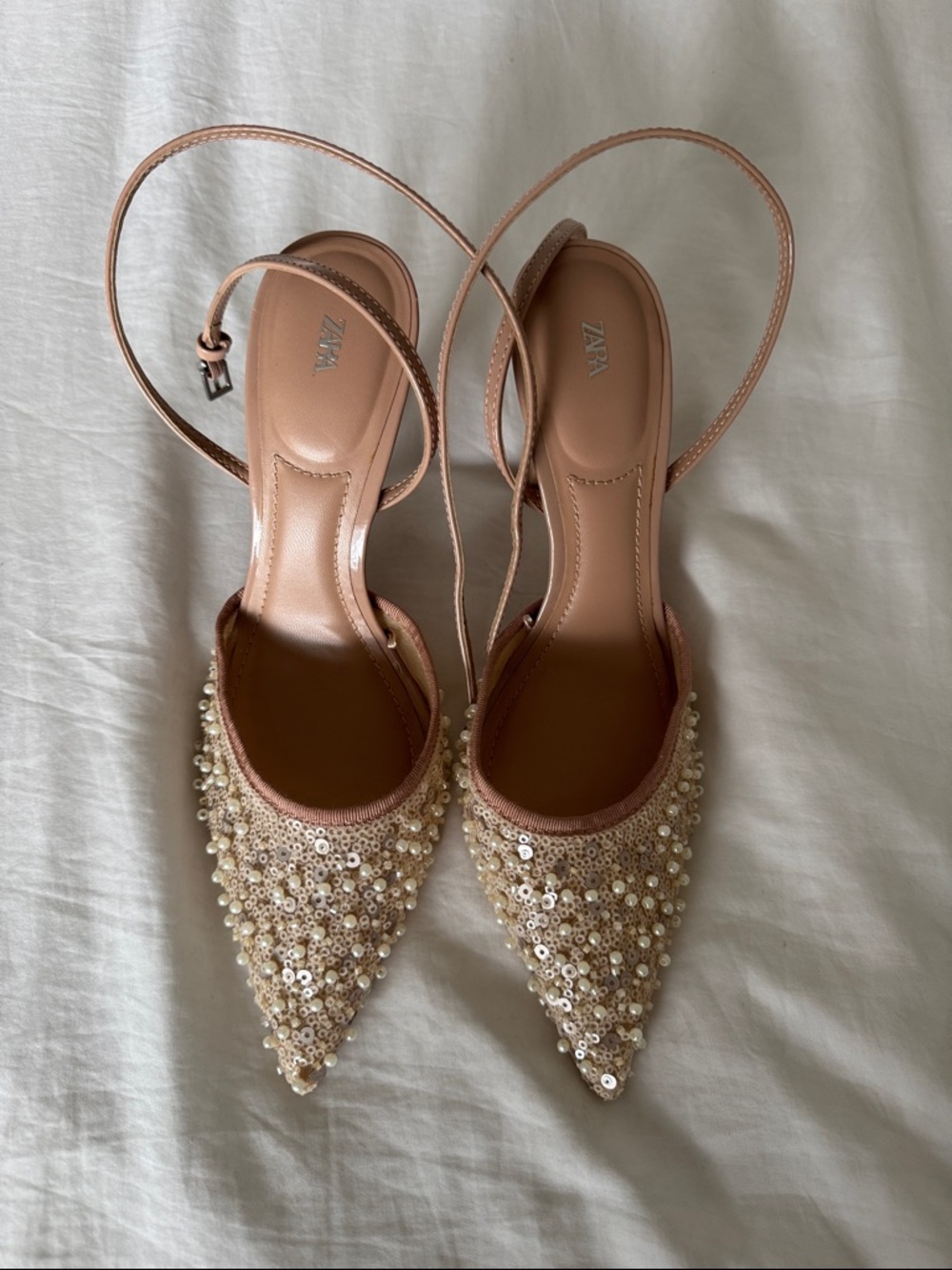 Zara Blush Pearl & Sequin Pointed Slingback Flats